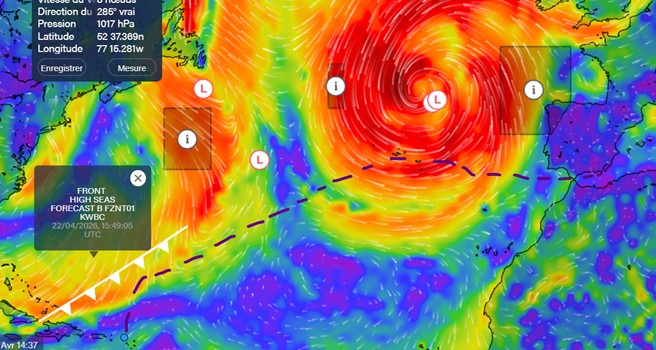 Prévision de la météo pour le 22 avril 2026. Le trait discontinué montre la route approximative du parcours.